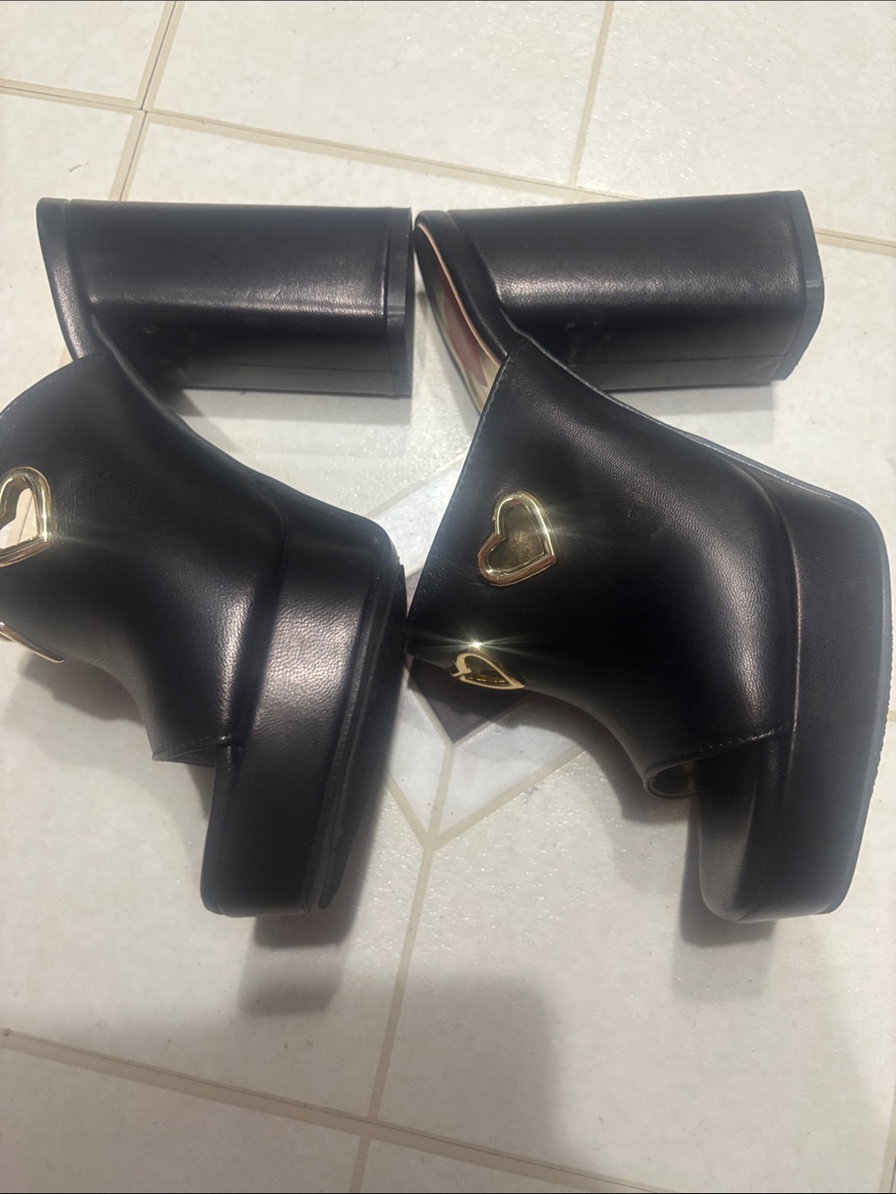 Love Moschino Black Slip-On Mules with Gold Heart Hardware - Picture 3 of 5